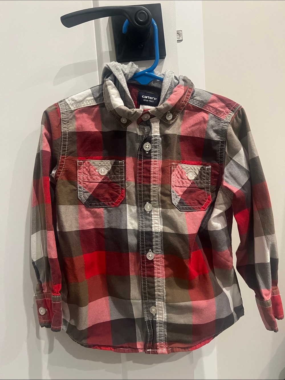 Carter's Red, Pink & Brown Plaid Hooded Button-Down Shirt